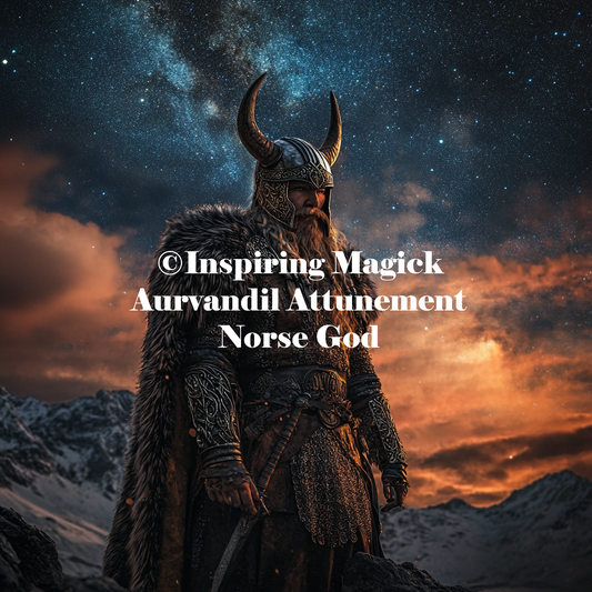 Viking warrior with horns against a mountainous landscape under a starry sky.